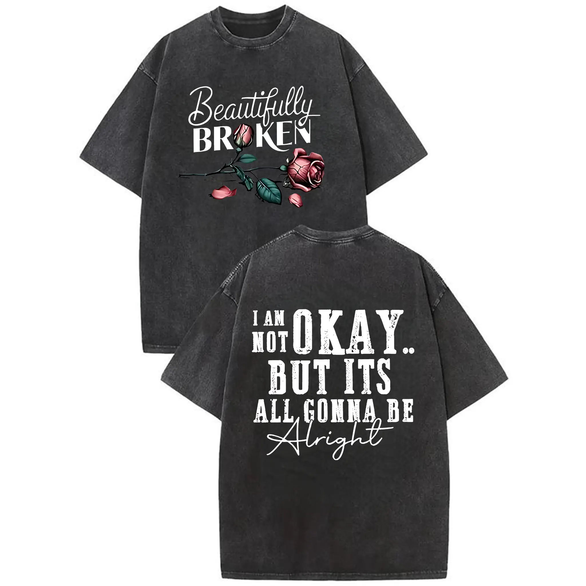Inspirational Graphic T-Shirt for Women, 'Beautifully Broken' Rose Print, Casual Comfortable Cotton Short Sleeve Top, Shortsleeve, Tshirt