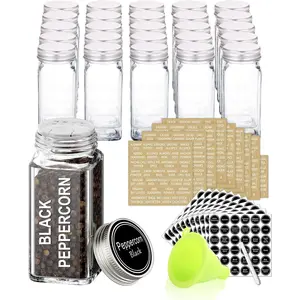 25 Glass Spice Jars with 703 Spice Labels, Chalk Marker and Funnel Complete Set. 25 Square Glass Jars 4OZ, Airtight Cap, Pour/sift Shaker Lid
