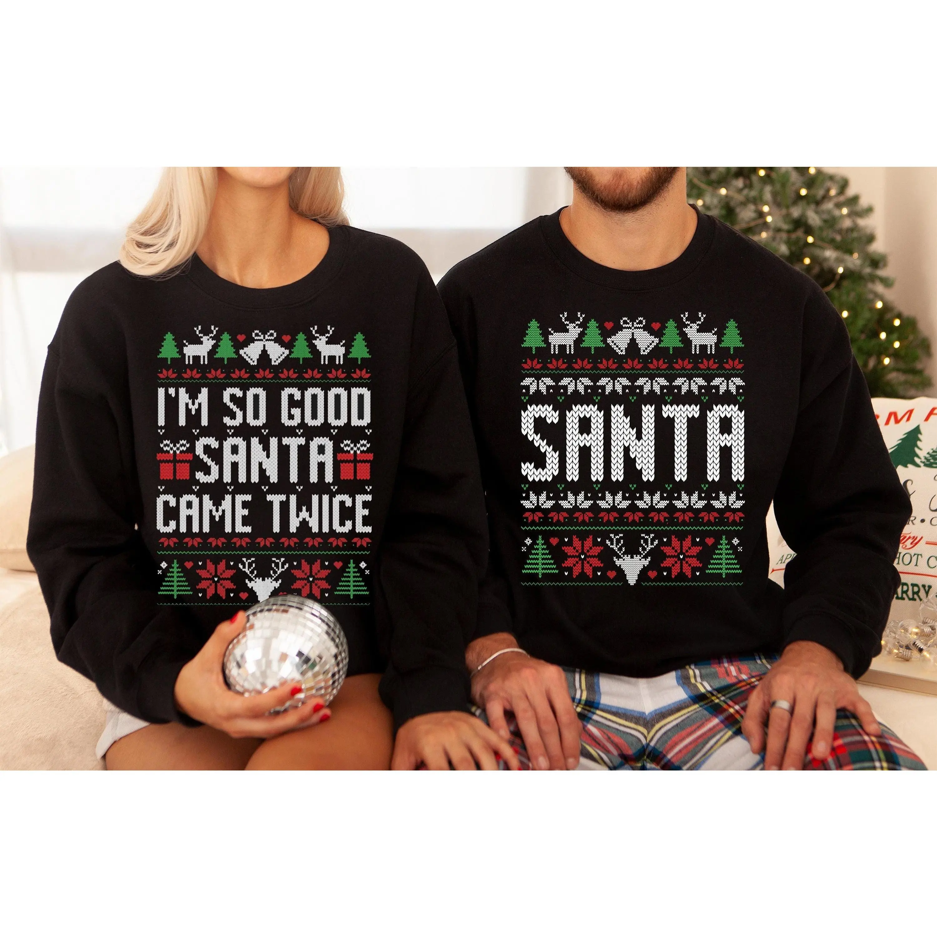 The Original Unisex Funny Couples Matching Ugly Christmas Sweater, Santa Twice, Christmas Pajamas, Sold Seperate