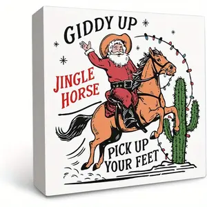 Western Christmas Decor Signs - Funny Christmas Cowboy Santa Wooden Box Sign, Country Christmas Decor, Christmas Decorations for Home Office Desk Table Tabletop Shelf Decor, 5x5 Inches
