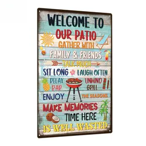 Welcome to Our Patio Metal Sign, Outdoor Backyard & Grill Decor, 12x8in Aluminum Wall Art for Summer, Family Gatherings, Porch
