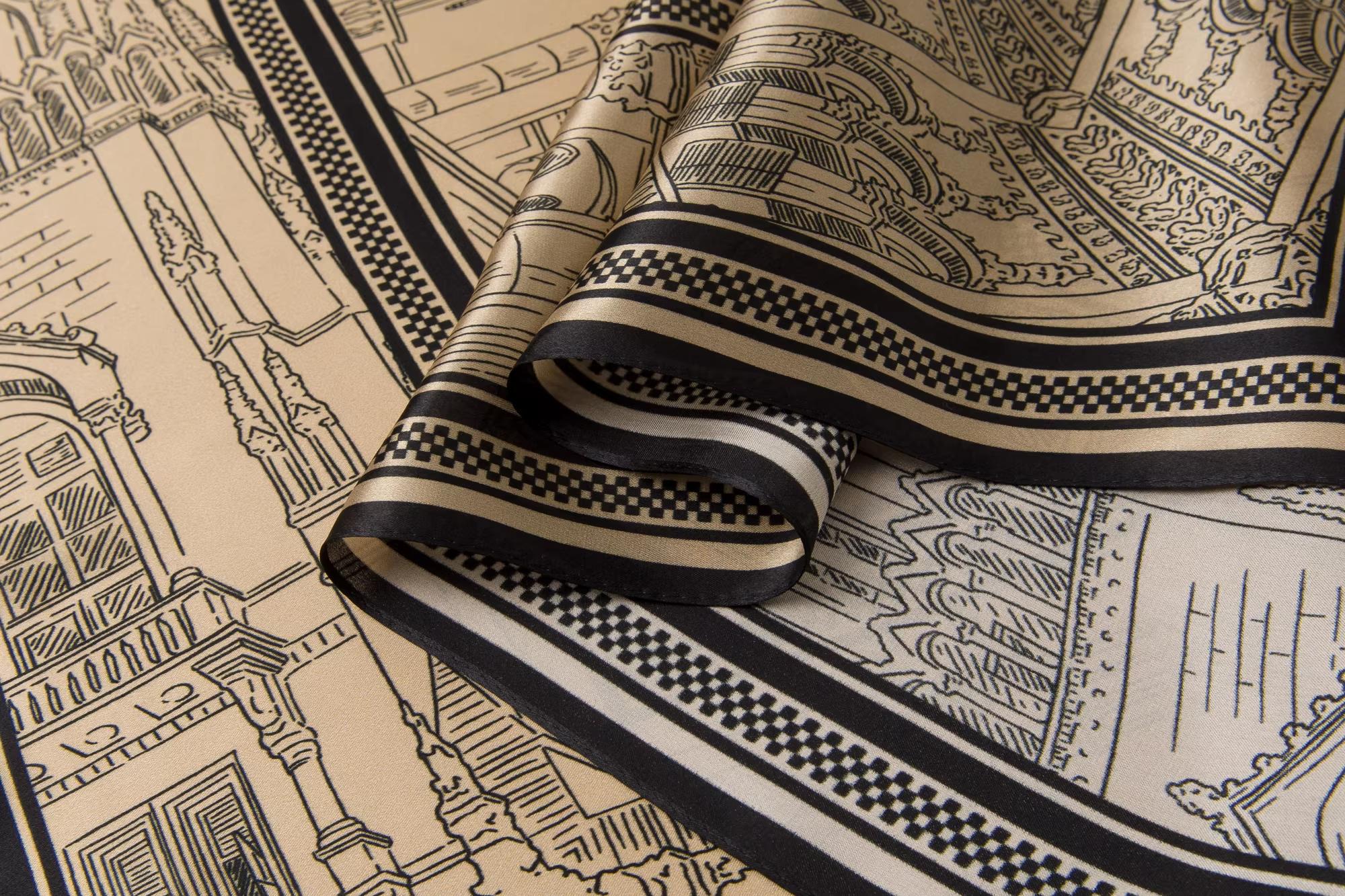 Retro Black & Gold Mulberry Silk Crepe Satin Headscarf with Geometric Print, Sun Protection, Multi-Purpose Women’s Scarf  long night scarf