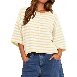 Womens Short Sleeve Cardigan Cropped Striped Button Down Oversized Lightweight Knit Summer Sweater Tops