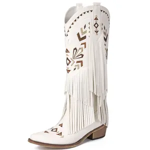 Women's Wide Calf Knee-High Cowboy Boots - Fringe & Classic Embroidery Pointed Toe Pull-On Retro Cowgirl Boots, Perfect for Concerts & Casual Outings cowgirl  boots