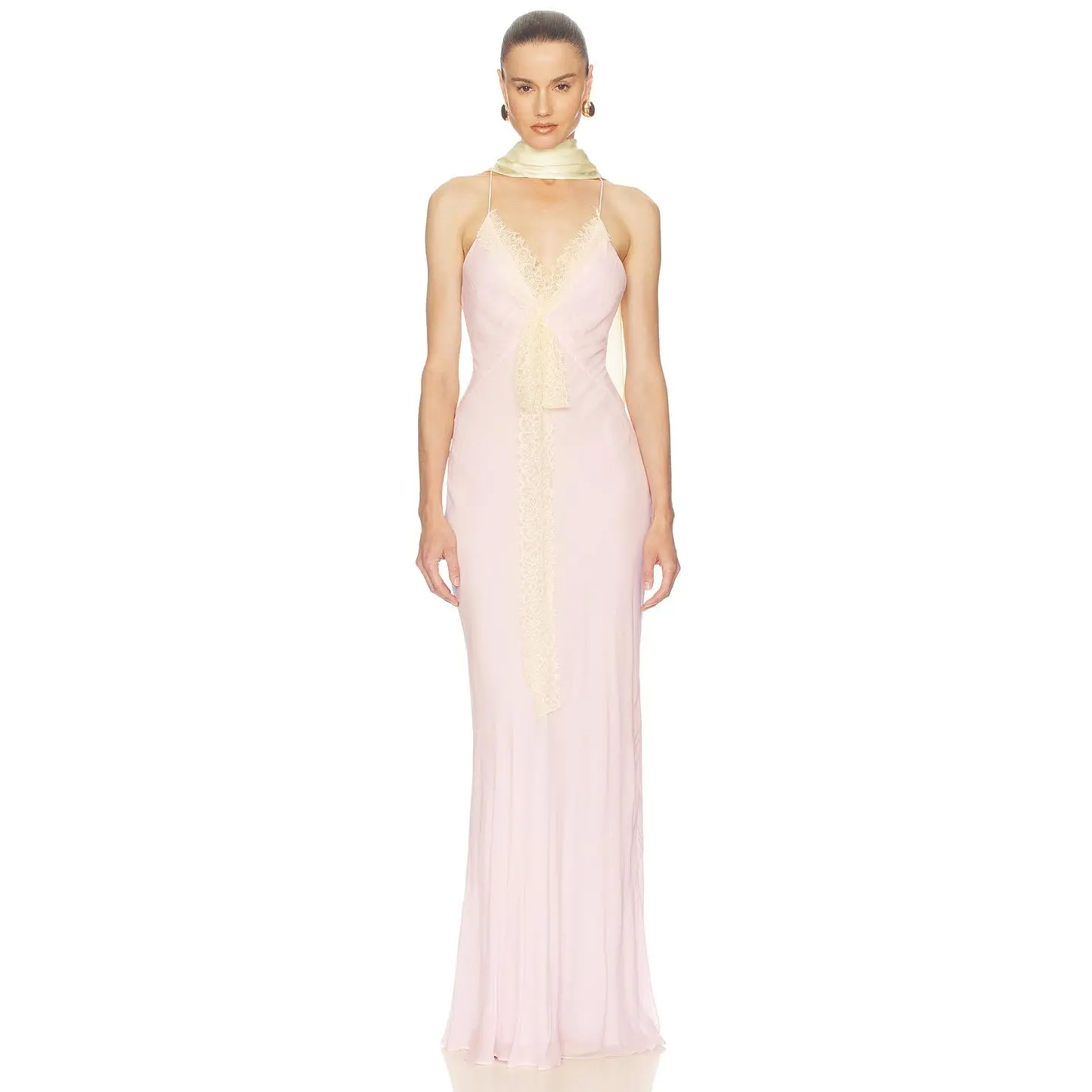 Helsa Sheer Georgette Gown With Lace in Peony Pink