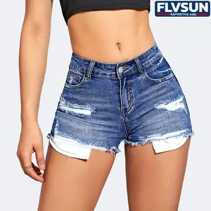 Flvsun-Women's Summer Low Waist Ripped Stretchy Denim Shorts Folded Hem Distressed Jean Shorts