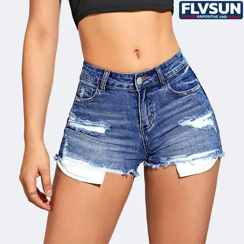 Flvsun Women's Summer Low-Rise Ripped Stretchy Slim Skinny Cotton Jean Shorts - Plain, Casual, Folded Hem Distressed Minimalist Piece with Pocket, Women's Bottoms, Women's Clothes