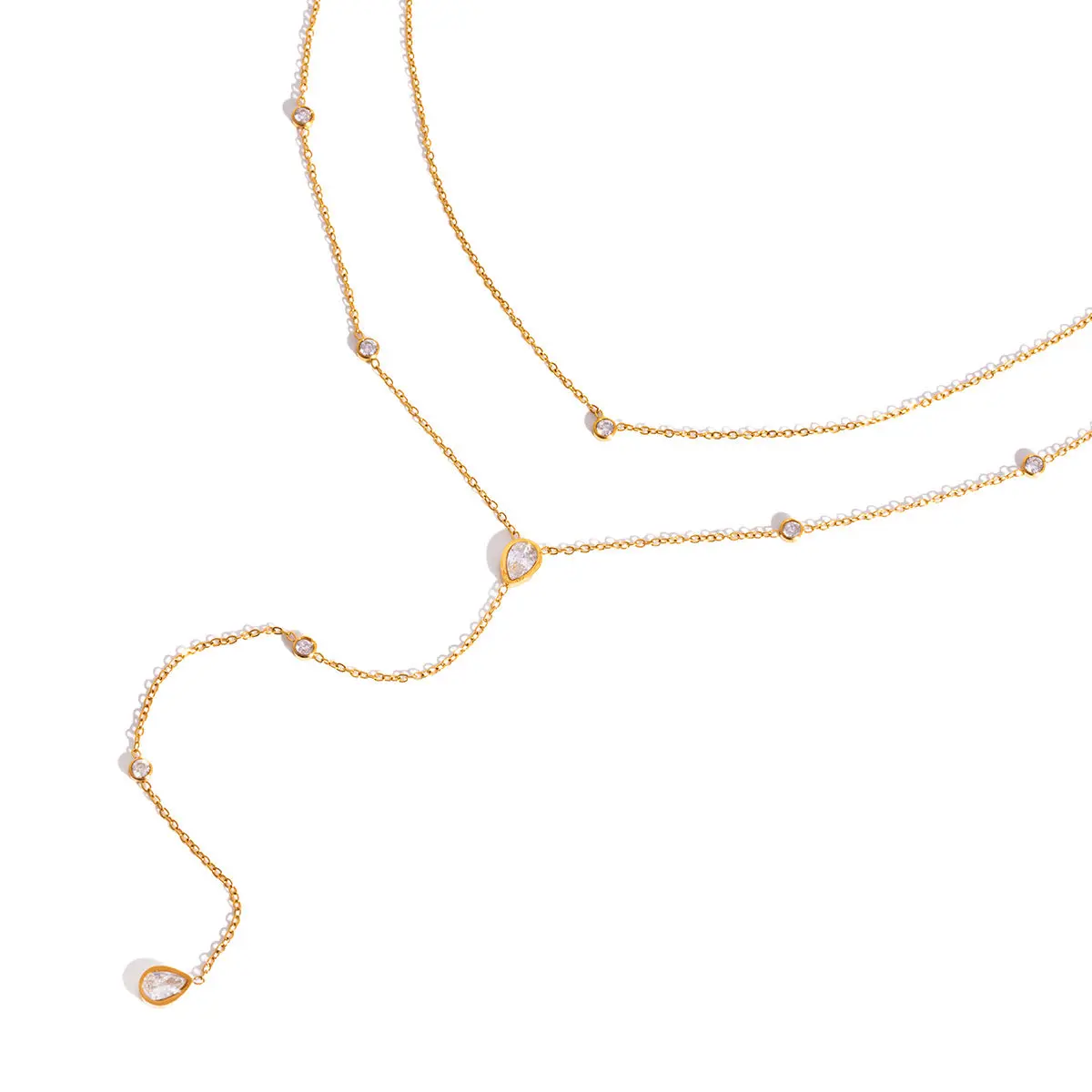 ENURA  Water Droplets Y-Lariat Necklace for Women - 18K Gold Plated Stainless Steel Cable Chain with Zircon Inlay - Dainty Waterproof Y Necklace Trendy Layering Jewelry
