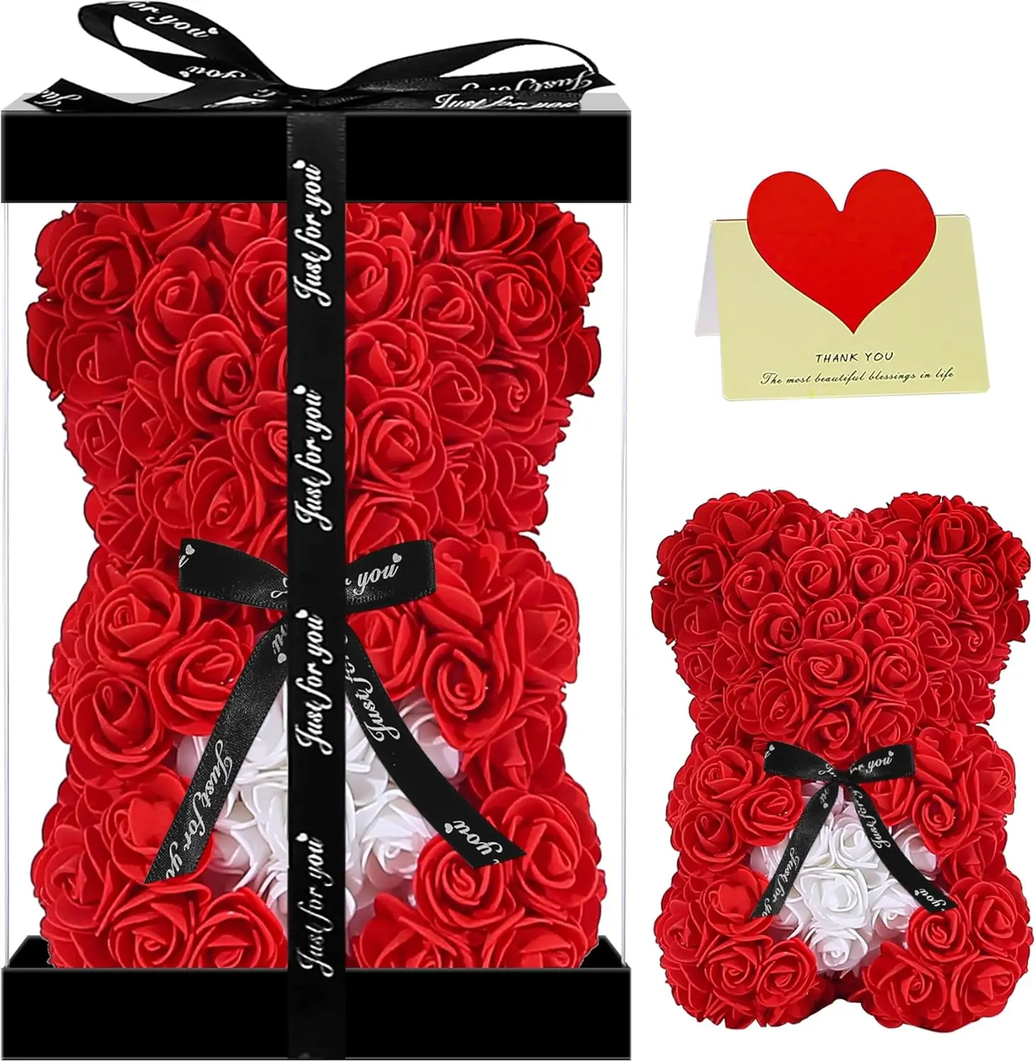 Double Couple Gift for Mom Women-Rose Cute Bear - Rose Adorable Teddy Artificial Bear - Best Gift for Valentines Day, Mothers Day, Anniversary, Birthdays - Clear Gift Box Included! 10 Inches Tall