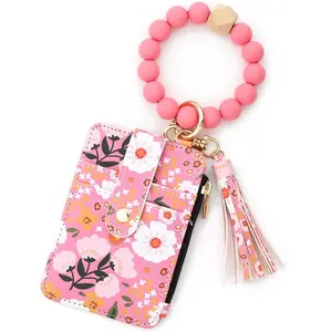 Flower Keychain Wristlet Wallets for Women Cute Silicone Beaded Credit Card Holder Aesthetic Key Ring Bracelet Leopard Wallet (Pink)