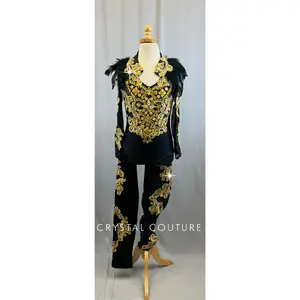 *Brand New* Custom Black and Gold Long Sleeve Unitard -Rhinestones