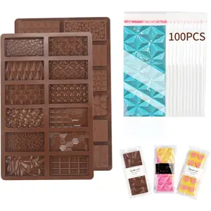 Chocolate Molds, 2 Pcs Mini Silicone Chocolate Molds With 100 Pcs Bags, Break-Apart Non-Stick Thick Chocolate Bar Mold, Candy Molds, Wax Melt Molds For Chocolate Bar