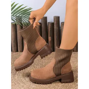 Women's Side Zipper Boots, Fall Winter Thick Sole Ankle Boots, Waterproof Leather Short Military Boots with Knit Socks