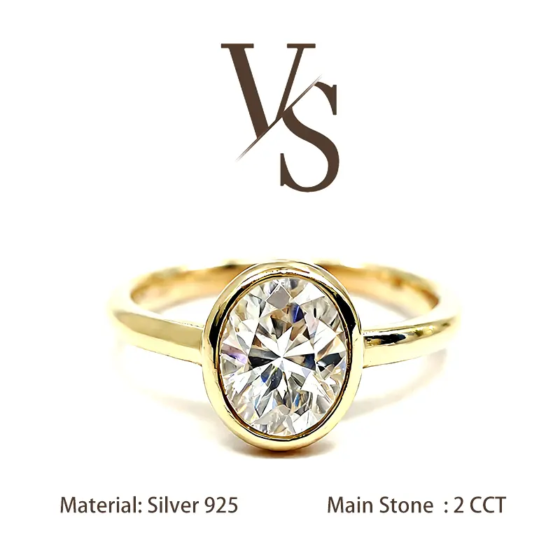 [Venus Jewelry] Synthetic Moissanite 2 CCT Oval Shape Regular Band VVS 1 D Color Solid Silver 925 Solitare Ring