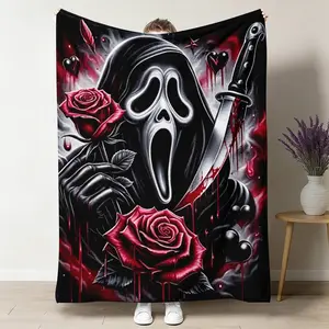 Scream Ghostface Throw Blanket, Horror Movie Sweet Goth Flannel Blanket, Soft Cozy Warm Throw, Black Rose Blood Drip Decor for Bedroom Living Room, Halloween Gift for Her Girlfriend, Scary Movie Fan Creepy Cute Aesthetic Cover