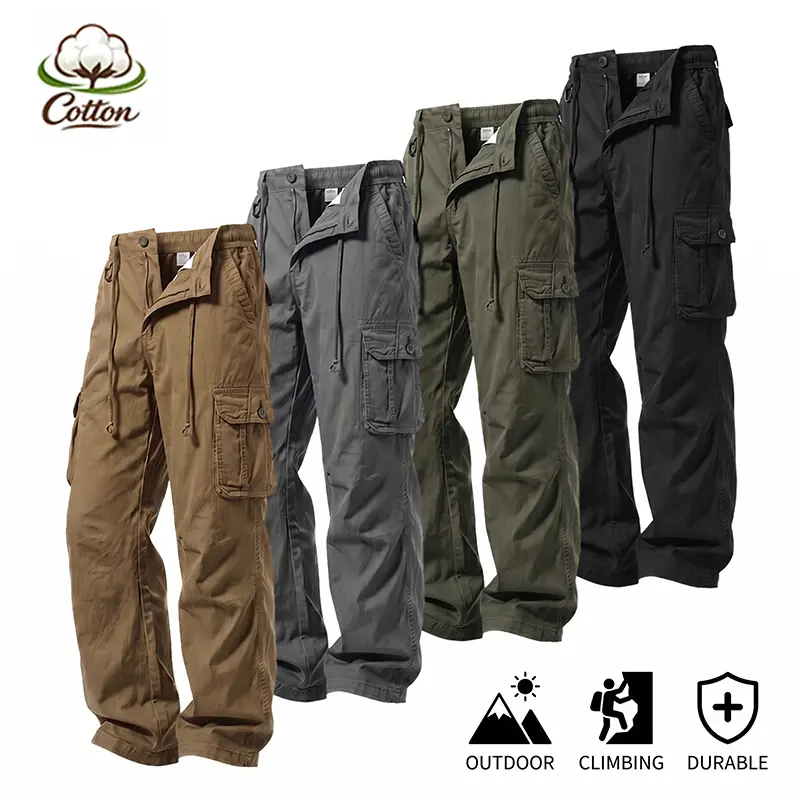 Men's Durable Cotton Cargo Pants - Multiple Pockets, Elastic Mid Waist, Plain Classic Street Cargo Trousers, All Seasons Wear-Resistant Thick Bottoms for Hiking, Everyday Commuting