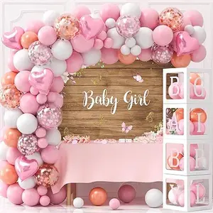 152Pcs Pink Baby Shower Decorations for Girl, Baby Boxes with Letters & Pink White Rose Gold Balloon Arch Kit Backdrop Foil Balloons, Princess Birthday Party Decor Baby Girl Shower Decorations