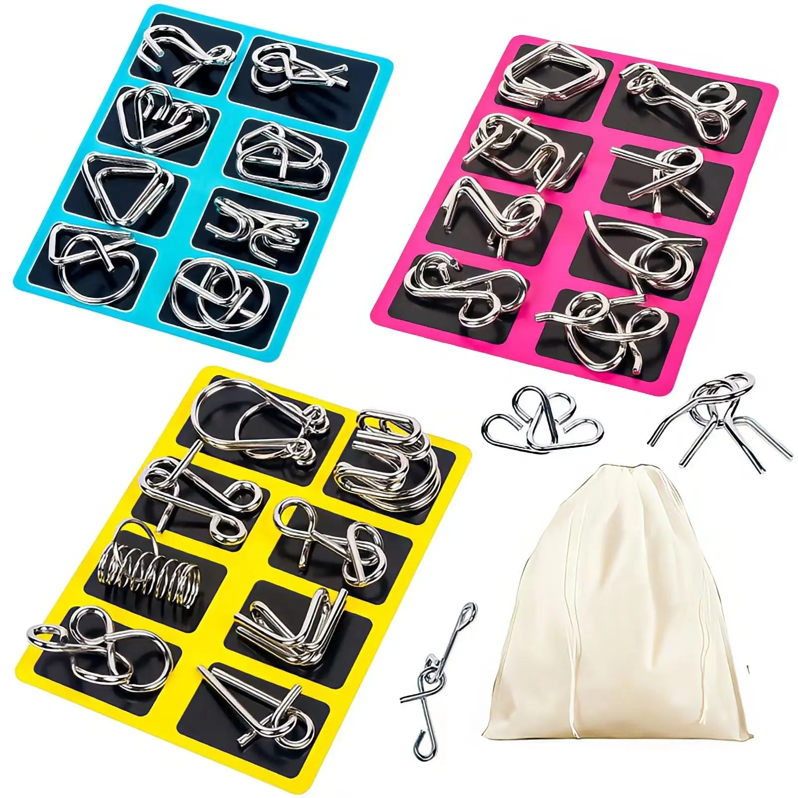 24-Piece Metal Wire Puzzle Set with Pouch - Unisex Iron Link Unlock Interlock Games, Advanced Mind Teaser Chinese Ring Magic Trick Toy for Home Exercise, Improve IQ and EQ, Puzzle Brain Teaser