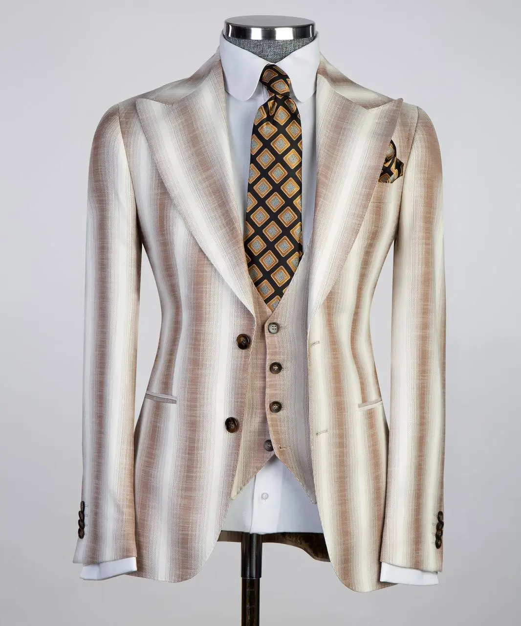 Men's Champagne & Tan Striped Three-Piece Suit for Wedding & Formal Events