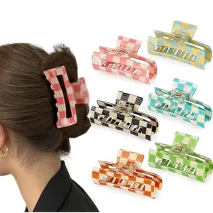  6pcs Checkered Hair Claw Clip, Strong Hold Acrylic Hair Claw for All Hair Types, Fashion Hair Accessories for Girls