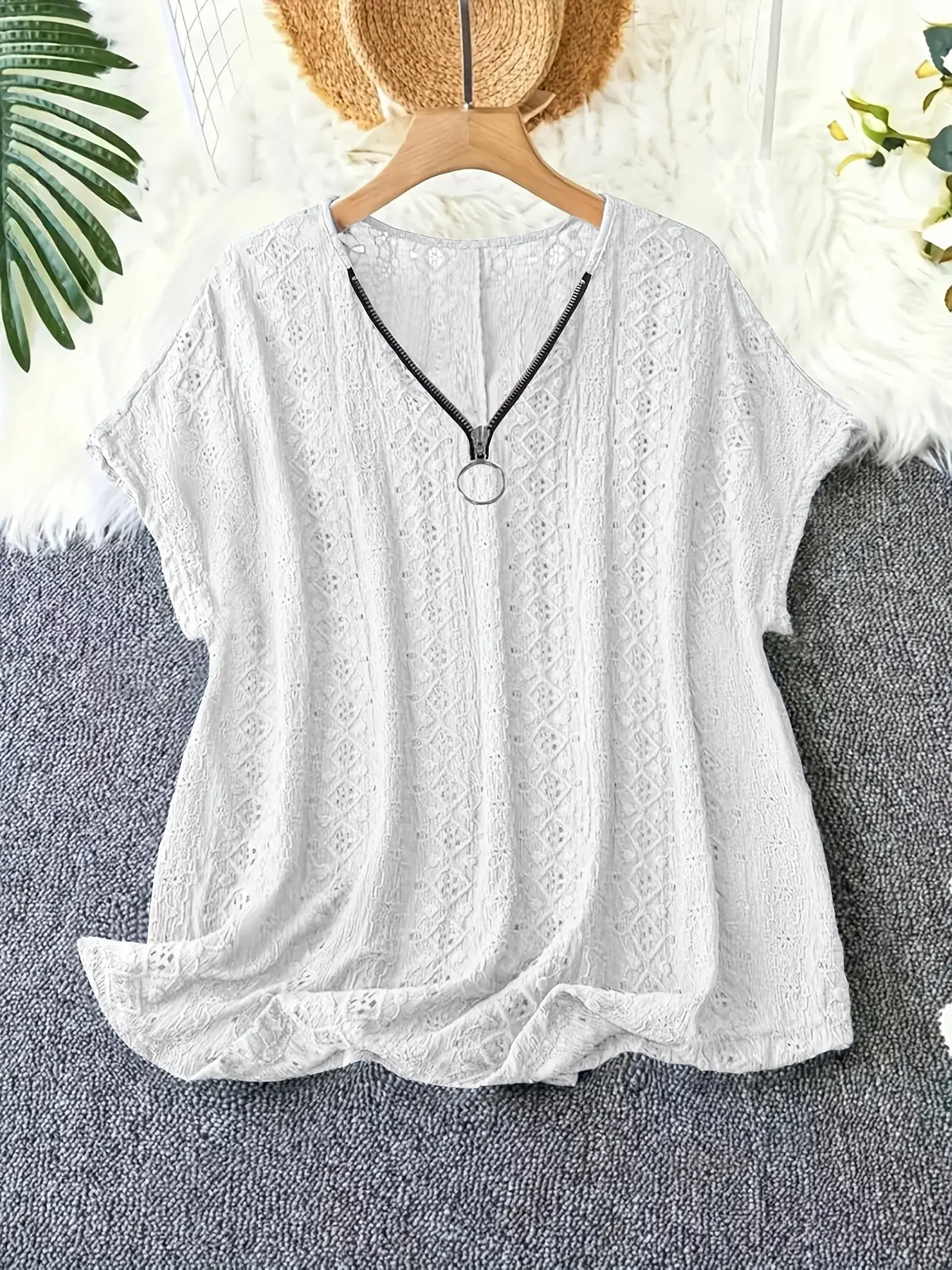 Women's Summer Fashion Top, Neckline Zipper, Short Sleeve Shirt, Blouse, Basic Blouses, Basic Minimalist Casual, Ideal for Daily Commute, Stylish and Comfortable, Perfect for Warm Weather, Blouse Shirts, Blouses Shirts Tops