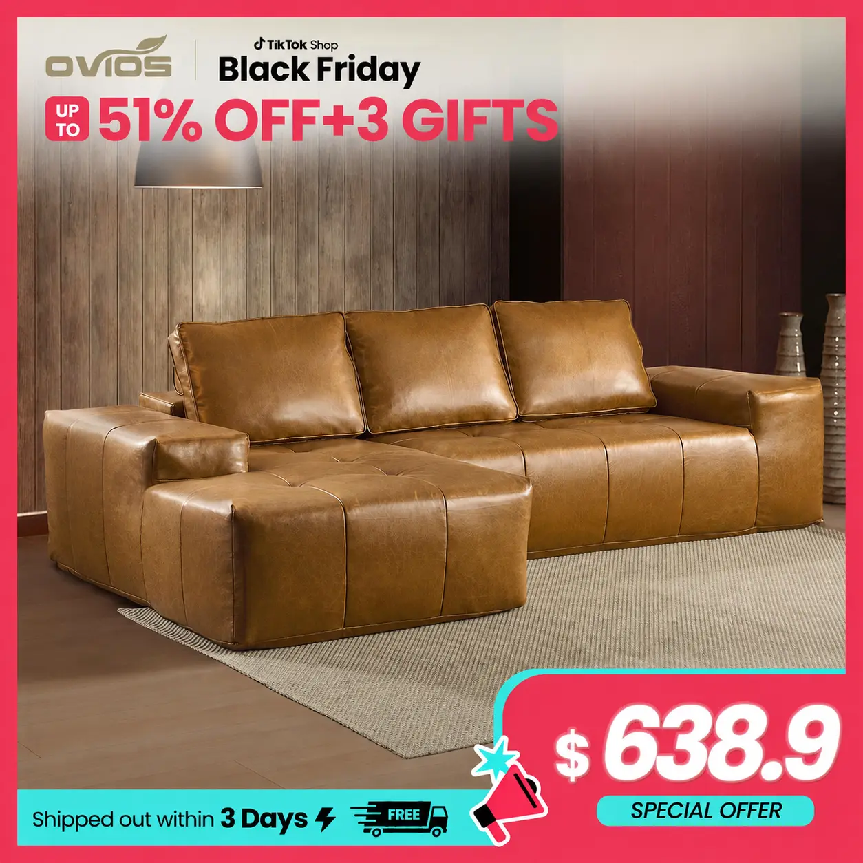【2 Packages Shipping】Ovios 114" Oversized Modular Couch with Chaise, Tech Oil Wax Fabric Boneless Sofa Upgrade,No Assembly Required - L-Shaped Sectional Sofa Set with Flexible Configuration - 3 Seater