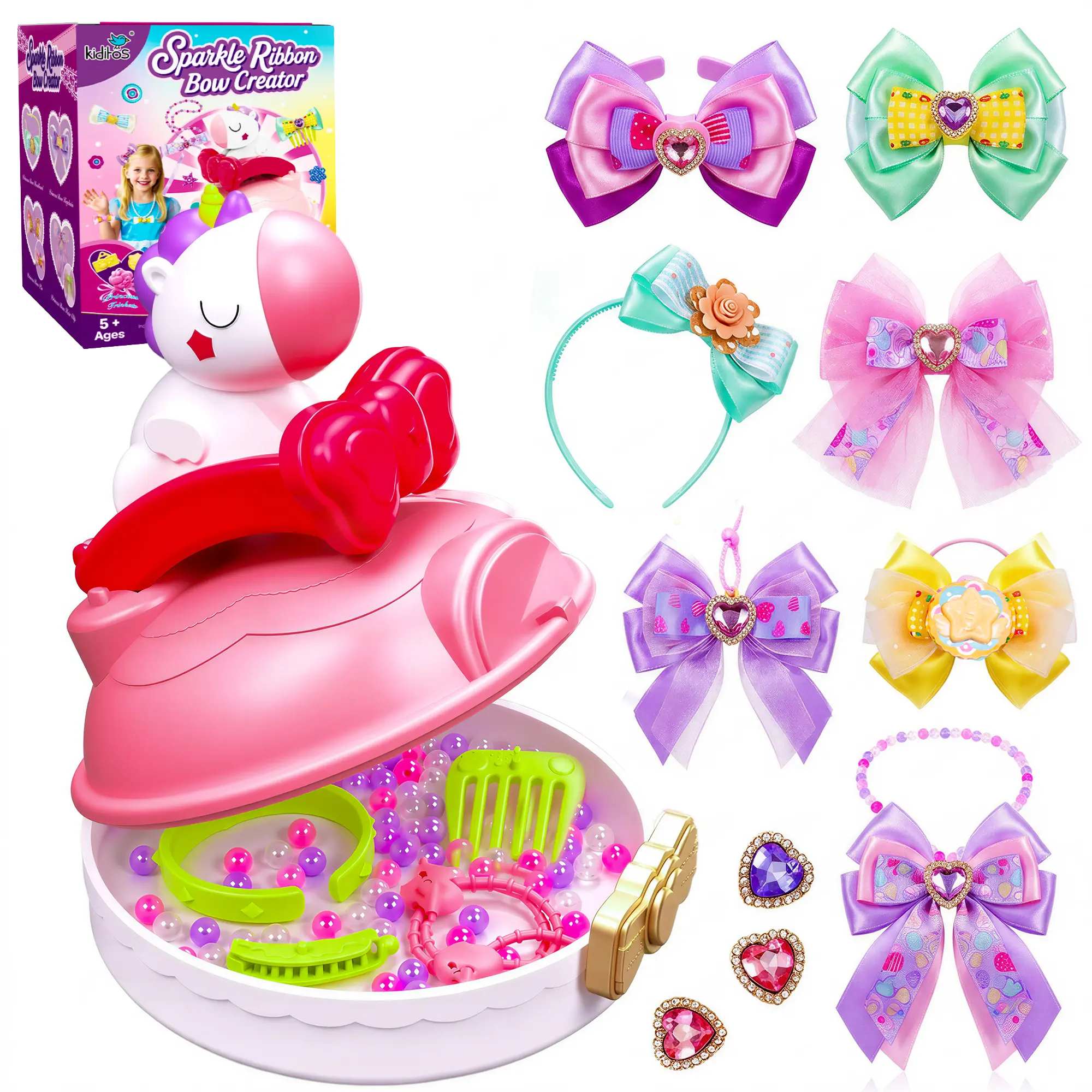 Kiditos DIY Ribbon Bow Maker Kit for Girls, Hair Bow & Accessories Making Set, Make Headbands, Bracelets, Rings & Jewelry, Arts and Crafts Gift for Kids Ages 5+