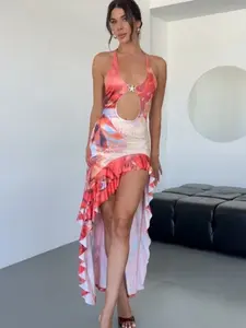Women's Halter Colorful Print V Neck Open Back Lady Elegant High Low Cut Ruffle Dress