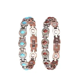 B Vintage Style Copper Magnetic Bracelets with Natural Turquoise & Red Agate Inlays, Energizing & Caring for Your Hands, Perfect Gift for Couples/Sisters/Friends