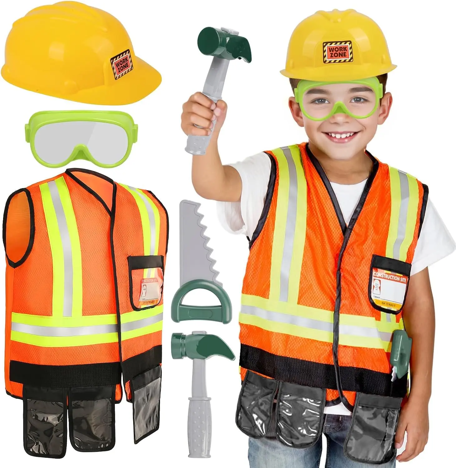 Kids Tool Set Pretend Toy for 3 4 5 Years Old with Costume | Breathable Fabric, Durable Helmet, Smooth Edges, Construction Worker Role Play, Halloween Birthday Gift for Boys Girls