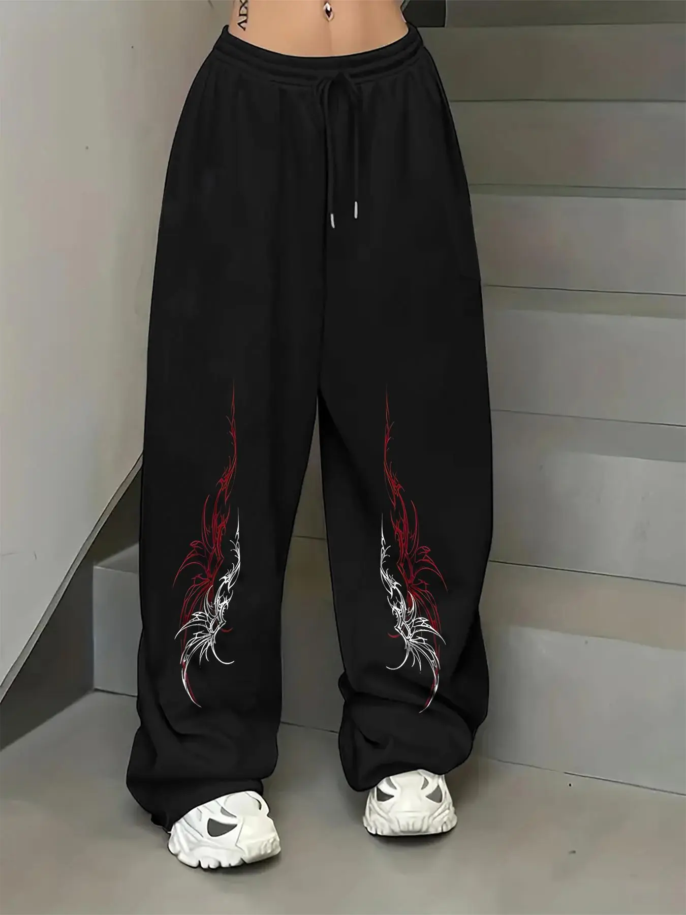 Women's Dragon Print Drawstring Waist Sweatpants, Casual Chic Streetwear Jogger Pants for Daily Wear, Ladies Bottoms for All Seasons, Casual Style Bottoms, Casual Comfy Trousers, Casual Fitted Bottoms, Casual Chic Bottoms, Boho Casual Pants
