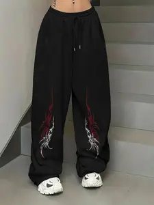 Women's Dragon Print Drawstring Waist Sweatpants, Casual Street Jogger Pants for Daily Wear, Ladies Bottoms for All Seasons, Casual Comfy Trousers, Casual Fitted Bottoms