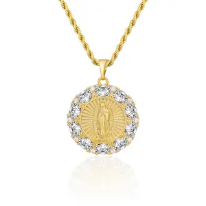 Aprilery Virgin Mary Pendant Necklace – Radiant Religious Jewelry for Women, Round Medallion with Sparkling Accents