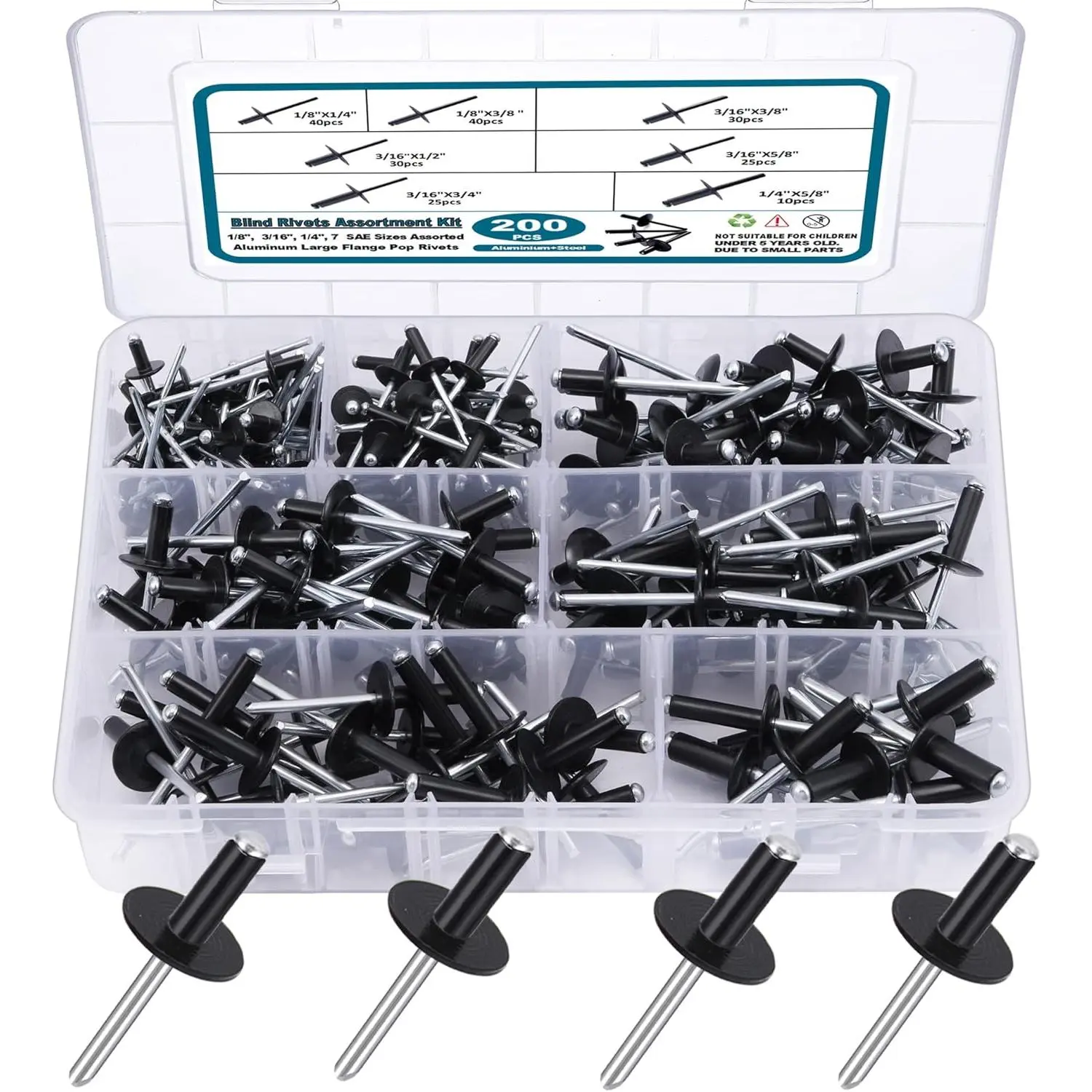 200PCS Black Rivets Pop Rivets Assortment Kit, Large flange Aluminum Rivets(1/8" 3/16" 1/4") Assorted Blind Rivets with Case