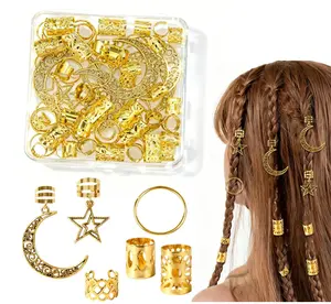 60Pcs Gold Hair Cuffs and Beads Set Gold Hair Jewelry with Star Moon Charms for Braids,