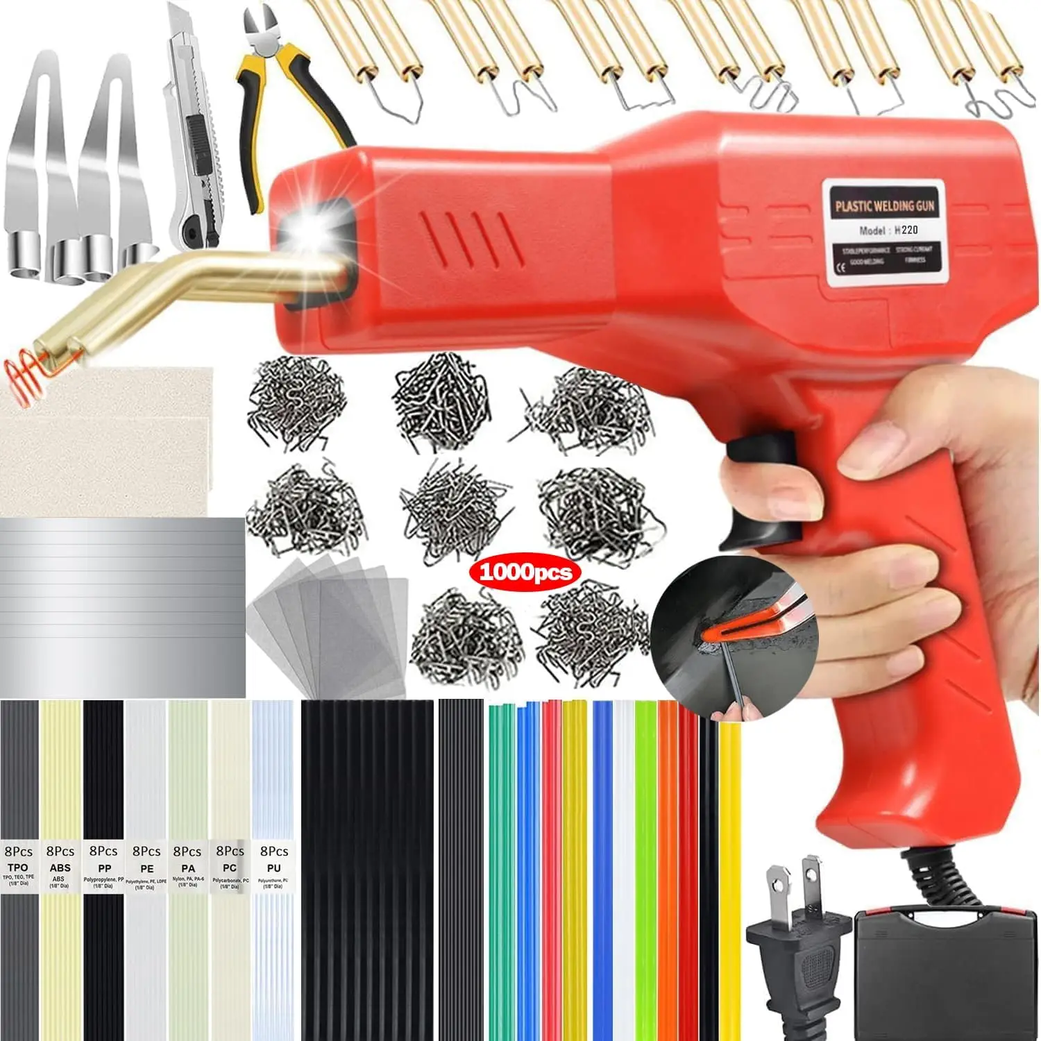 Upgraded 220W Plastic Welder, 2 in 1 Plastic Welding Kit Plastic Repair Welder Kit 1000 count Hot Stapler Soldering  with 100 count Plastic Welding Rods  Bumper Repair Kit for  Plastic Repair