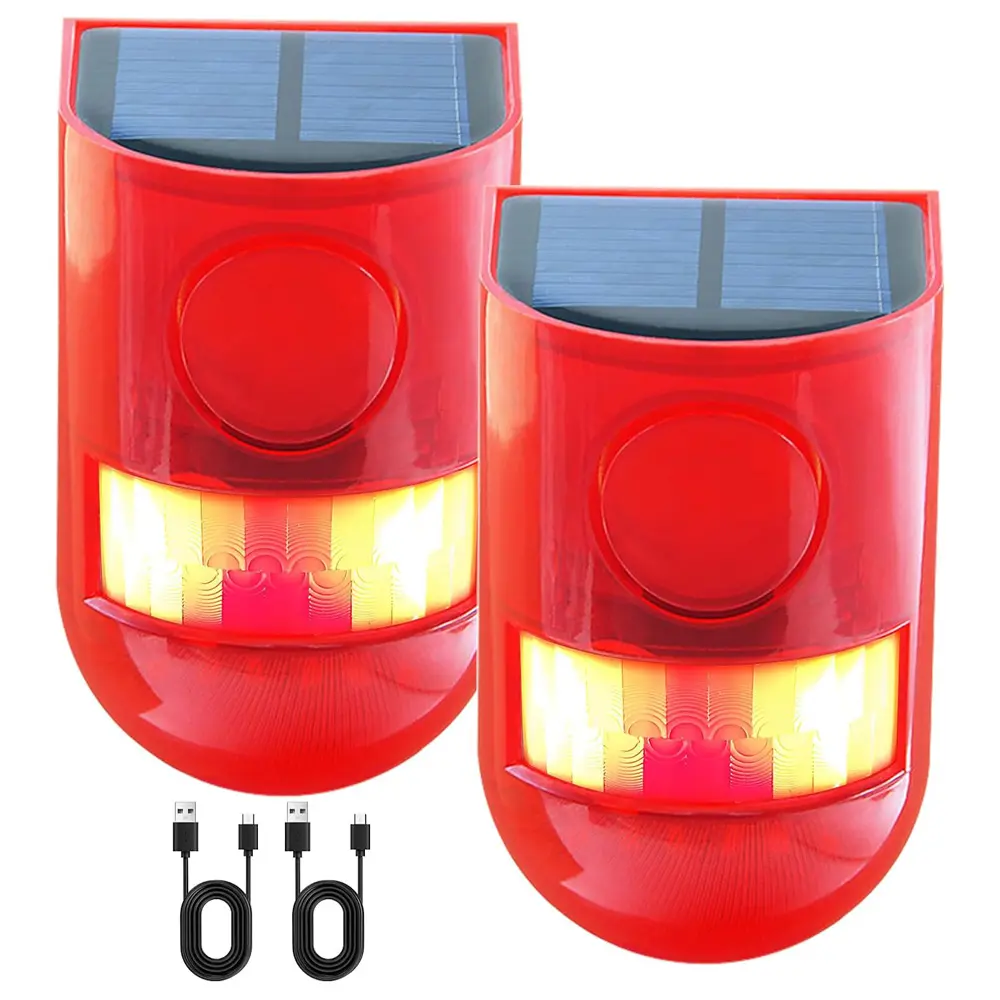 2 Pack 129dB Solar Motion Sensor Alarm Outdoor Security Light with 6 LED Red Flashing Strobe, Waterproof Wireless PIR Siren, 4 Modes, USB Rechargeable Security Alarm System for Farm, Orchard, Garage, Courtyard and Home