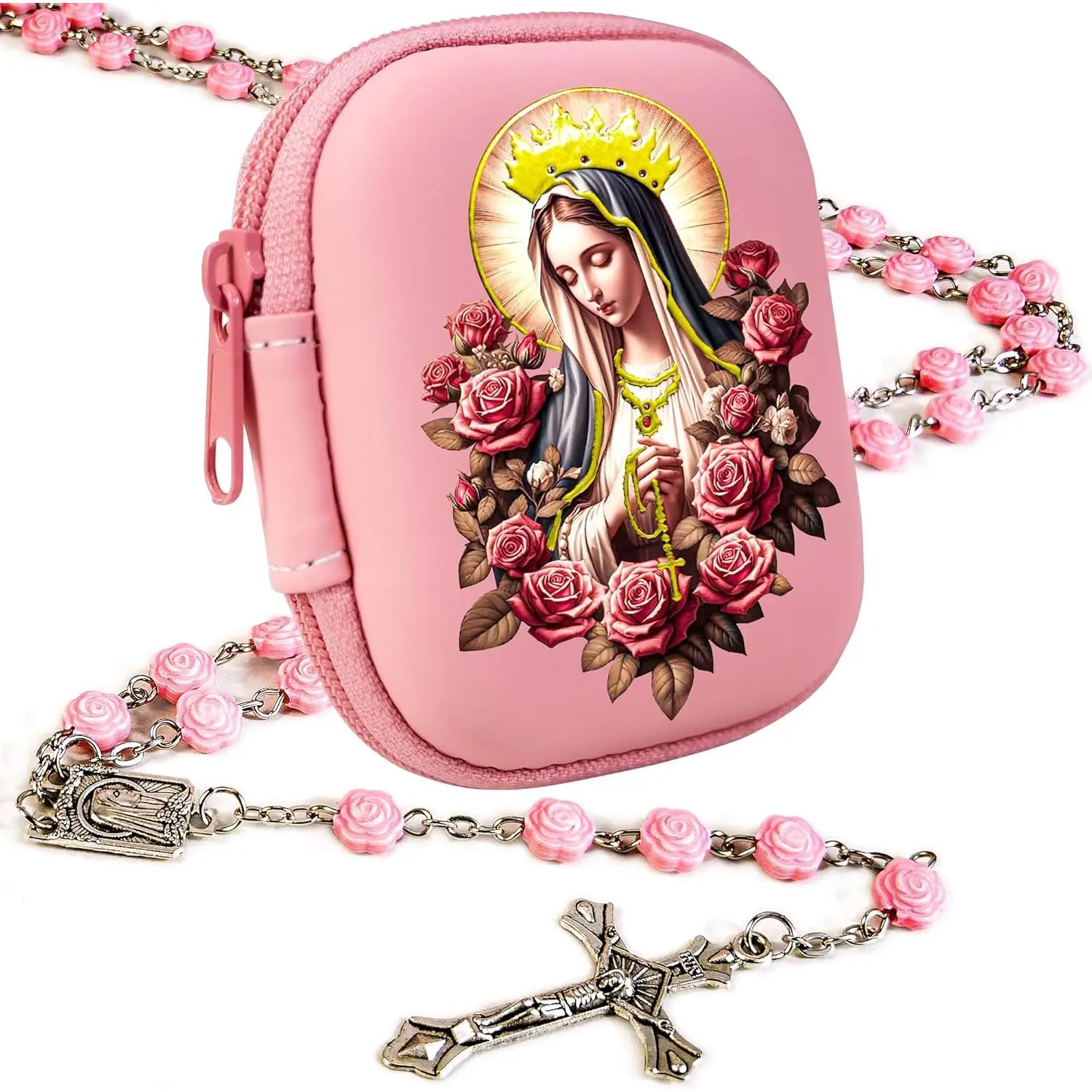 Women's Catholic Rosary Beads - 20-Inch Pearl Beads, Classic Cross, Virgin Mary Zippered Prayer Box, Spiritual Jewelry, Virgin Mary Icon Necklaces, First Communion Baptism Confirmation Gifts for Daily Prayer, Rosaries, Adults, Church Events, Sacraments, M