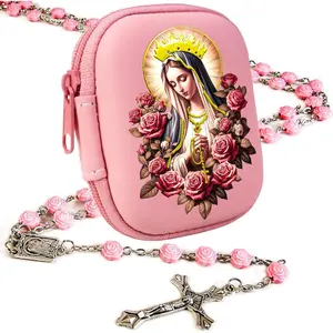 Rosary Beads Catholic for Women - Pearl Beads with Classic Cross, Virgin Mary Zippered Prayer Box, First Communion Gifts, Baptism Confirmation Jewelry