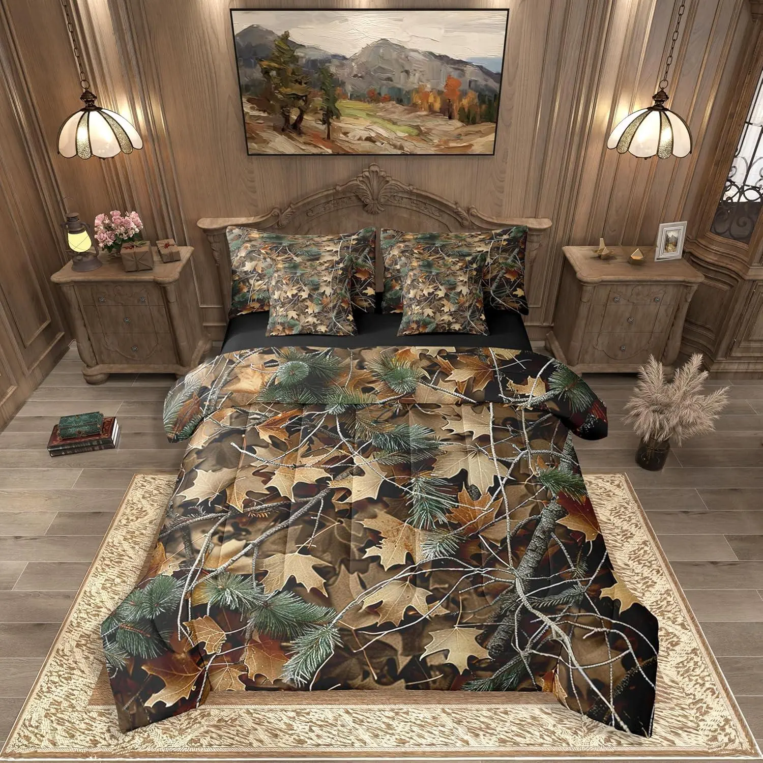 Feelyou 7-Piece Microfiber Bedding Set - Hunting Camouflage Woodland Tree Leaves Design, Farmhouse Cabin Style, Includes Comforter, Sheet Set, Pillowcases, Bedsheet Sets, Bed Comforter Set