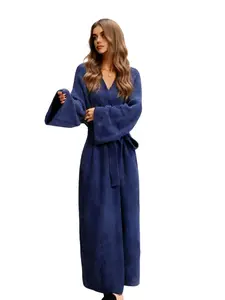 【COZY Soft Plush Feel】Women's Solid Color Thickened  Thermal Lined Long Sleeve Drop Shoulder Bathrobe, Loose Casual Soft Comfortable Thermal Warm Pocket Belted V Neck Dressing Gown for Women, Ladies Sleepwear for Winter