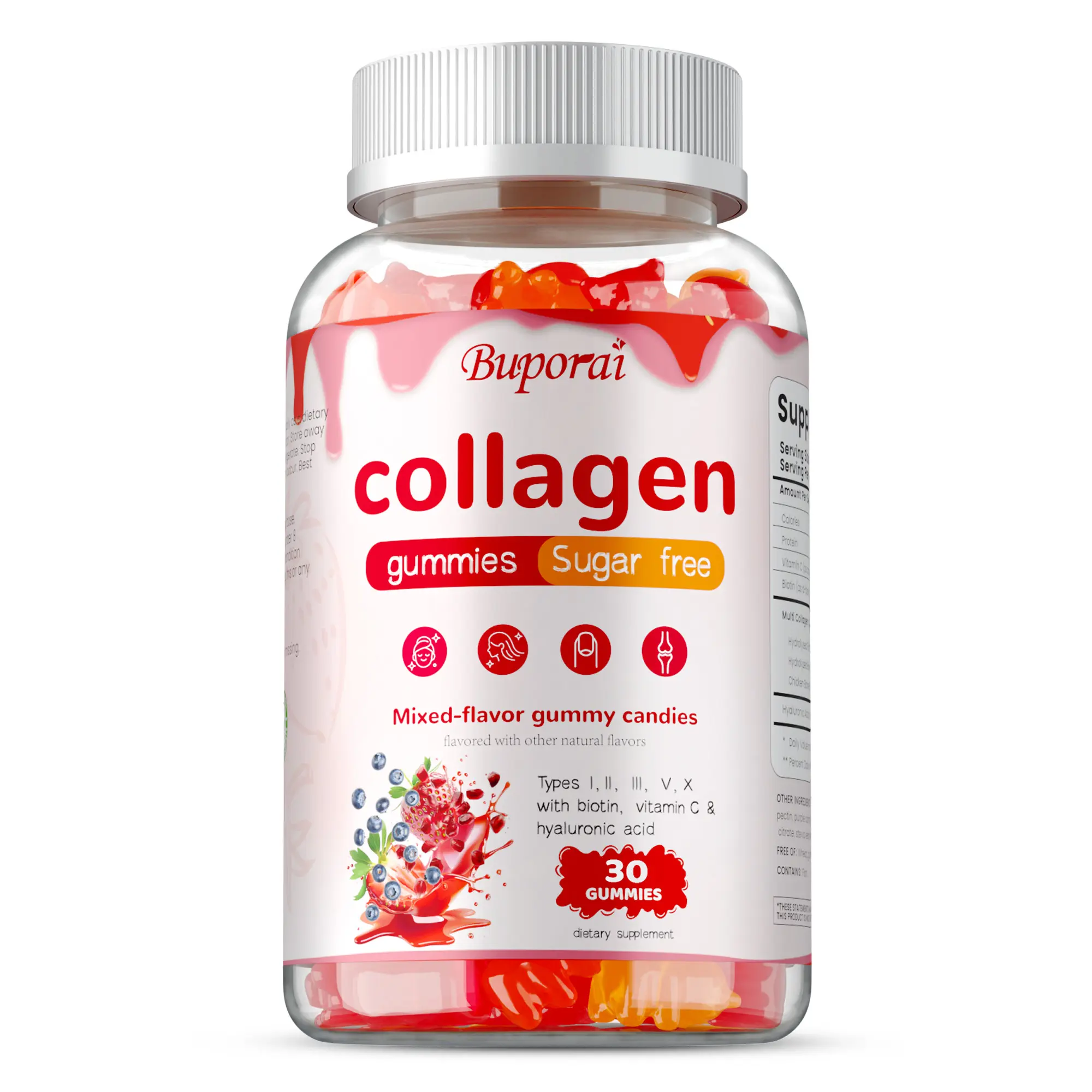 Buporai Collagen Gummies – Sugar Free – Biotin, Vitamin C & Hyaluronic Acid – Mixed Flavor – 60 Gummies