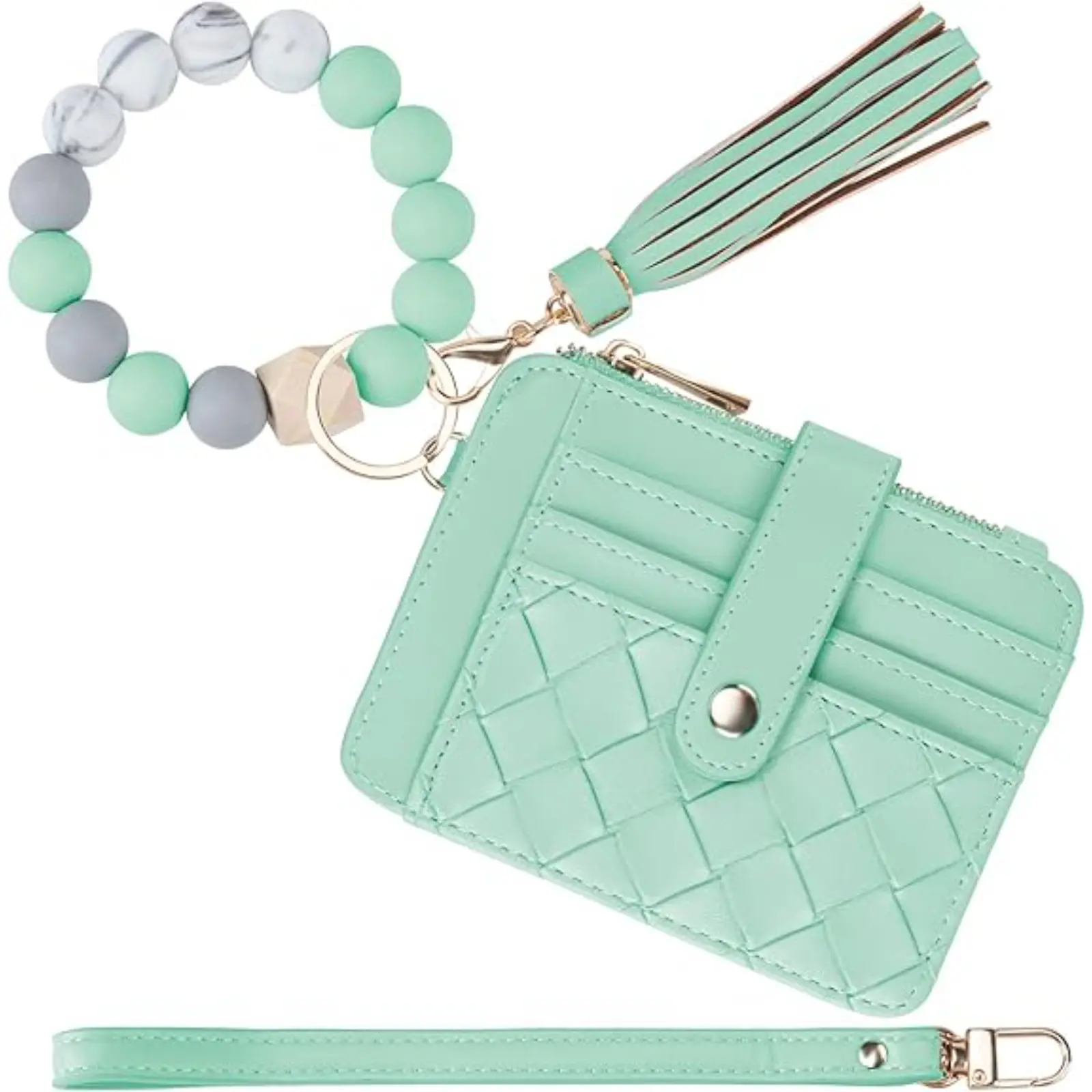 Keychain Wallet with Bracelet RFID Blocking Wristlet Credit Purse Card Holder Silicone Bead Tassel Key Ring for Women BPA Free PU Leather RFID Resistant Fabric Secure Design Perfect Gift Choice