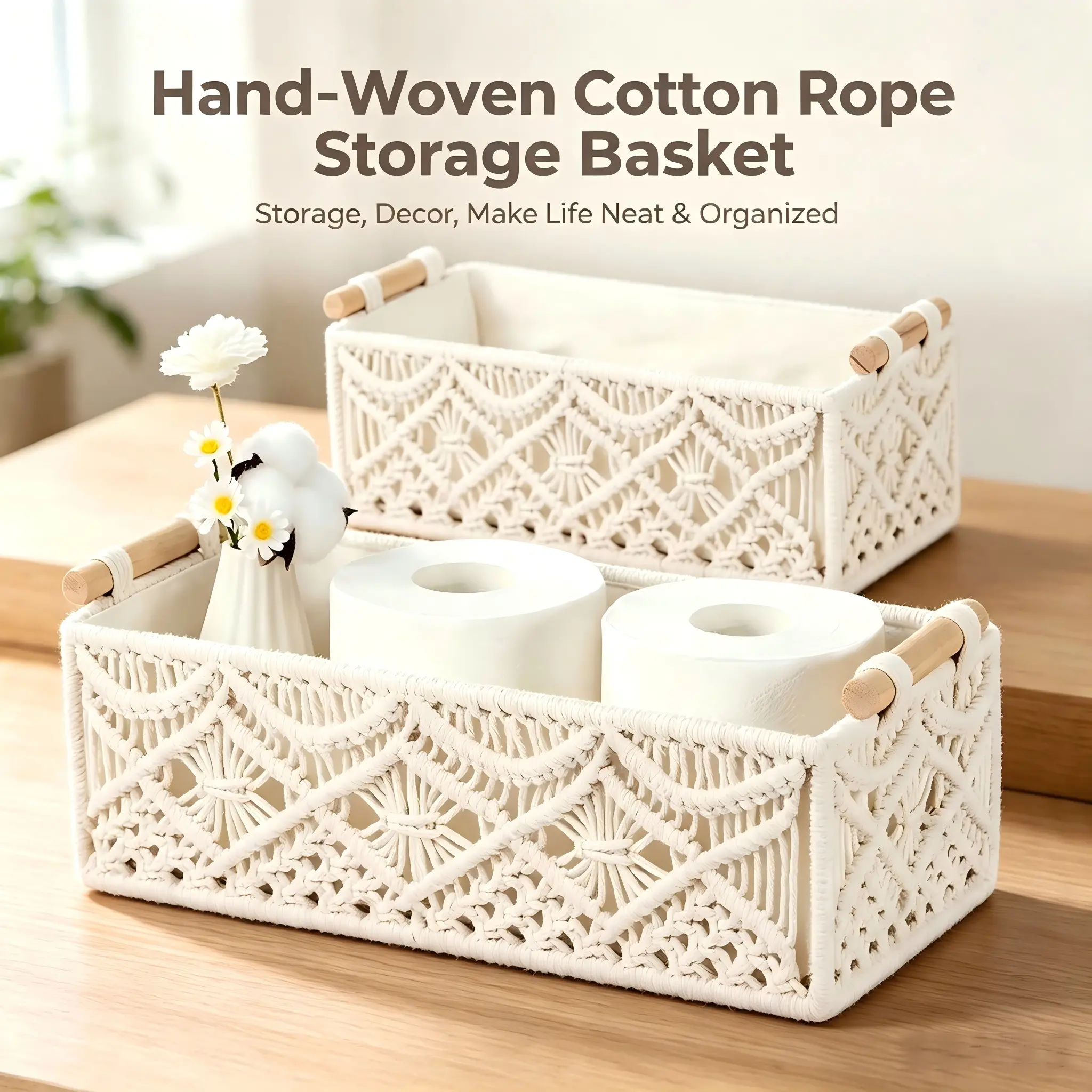 Handwoven Cotton Rope Rectangle Open-Top Desktop Storage Basket - 11.8x5.5x3.5in Home Organizer for Cosmetic & Phone, Remotes, Housewarming Gift for Friends