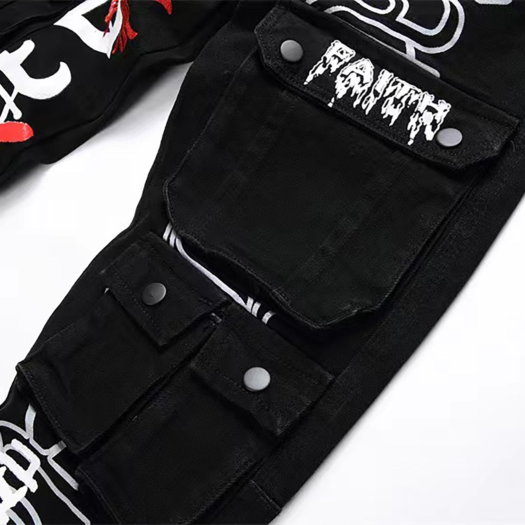 Men’s European & American fashion printed straight-leg black distressed jeans