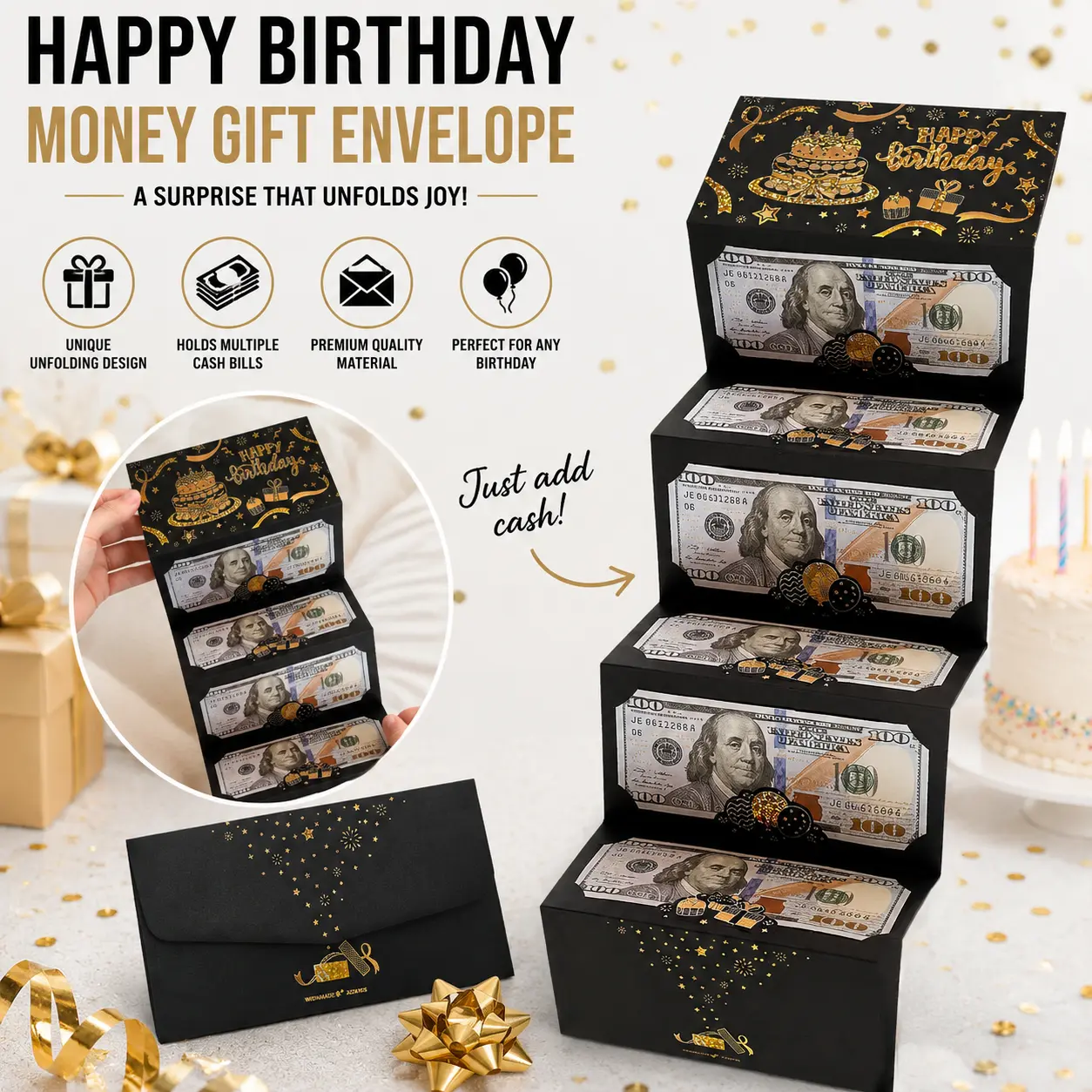 Birthday Money Envelope for Cash Gifts, Surprise Cash Envelope for Men Women Kids, Birthday Gift Card for Men Women Girls Boys, Black Gold Money Holder