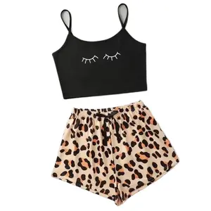 Black Sleepy Spaghetti Strap Top & Cheetah Shorts Pajama Set Nightwear Loungewear Pjs Comfort