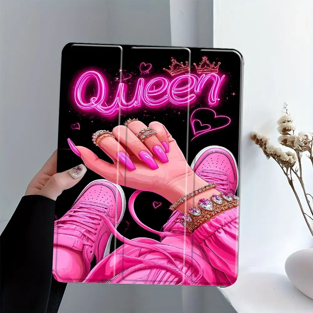 Pink Queen Neon iPad Case, Tablet Accessories, Tablet Casing, Glam Nails & Sneaker Print Protective Cover with Trifold Stand & Auto Wake/Sleep, Transparent Acrylic Hard Back, Shockproof Protection, Fits 7.9/10.2/11 Inch Tablets, Ideal for Office School