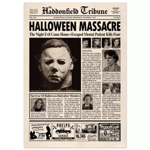 Halloween Haddonfield Tribune Newspaper Poster print