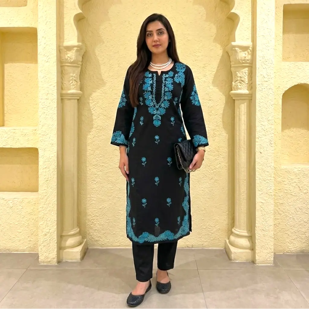 Teal Fusion Chikankari casual kurta set